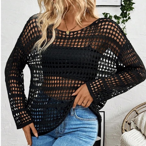 NWT Women's Scoop Neck, Long Sleeve, Crochet Knitted Top - Picture 1 of 6